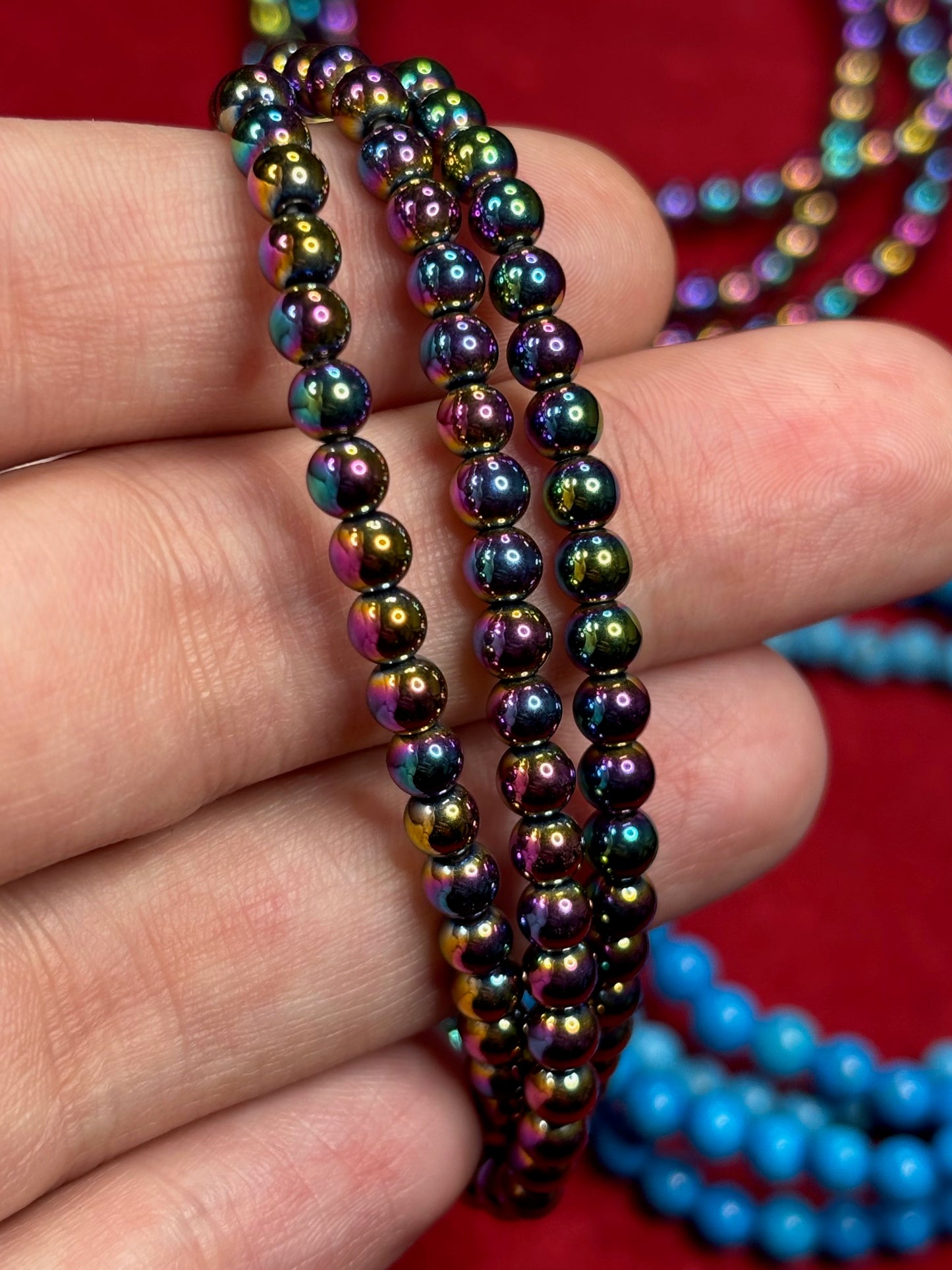 Elastisches Kugelarmband 4mm Perlen, Opalit, Hämatit titanisiert, Türkenit Türkis, Blutstein, Aura Hämatit