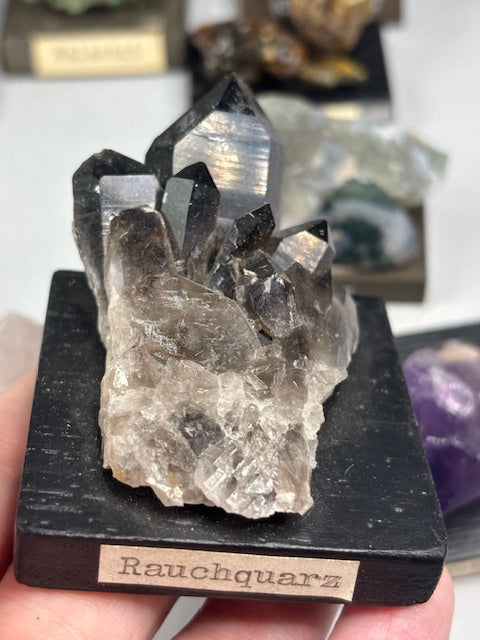 Mineraliensammlung auf Sockel beschriftet, sehr gute Qualität, Turmalin, Bernstein, Lapis Lazuli, Amethyst, Jaspis, Rauchquarz, Achat, Obsidian, Rhodonit, Malachit & viele mehr