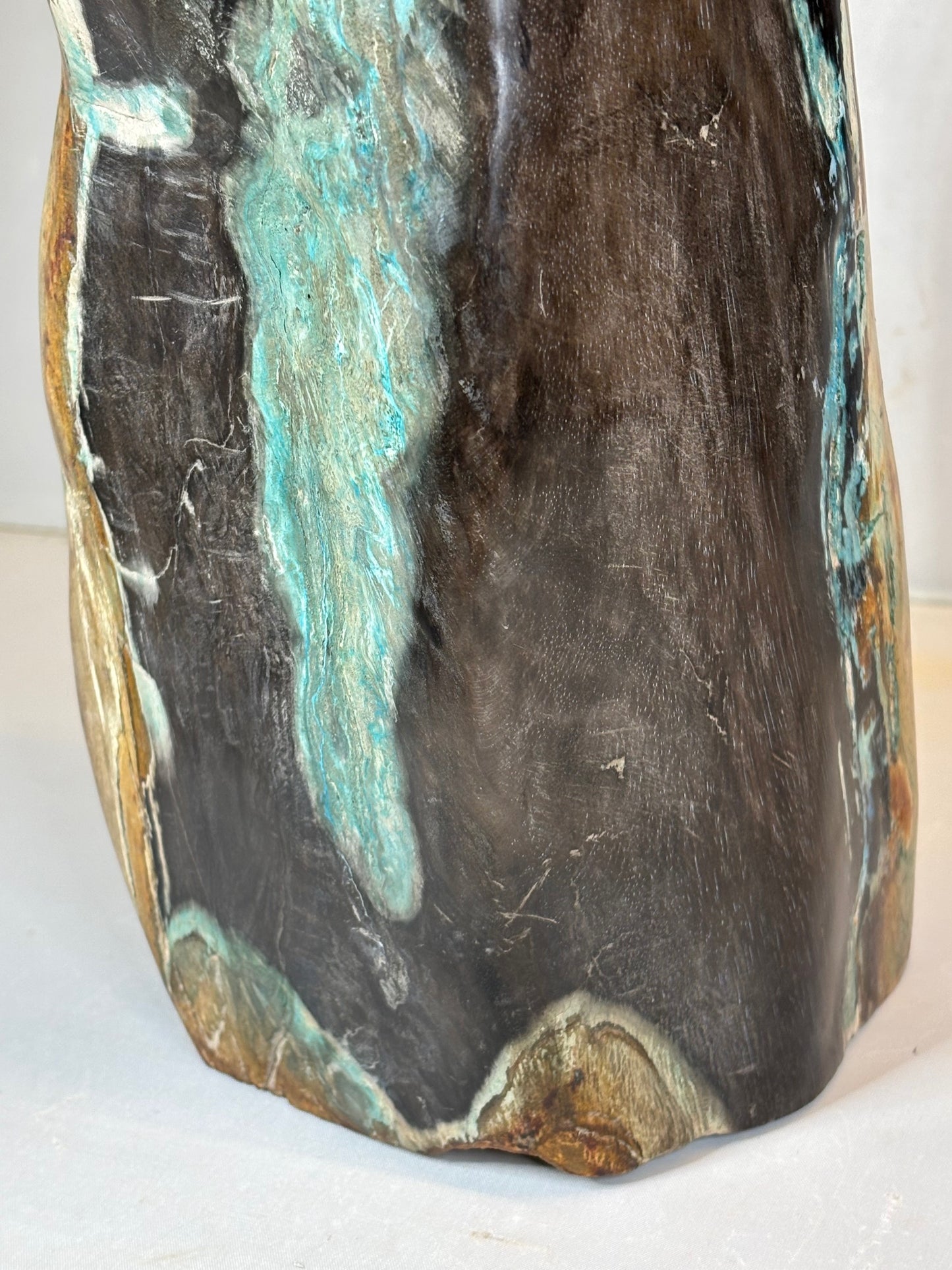 Versteinertes Holz mit Chrysokoll auf allen Seiten hochglanzpoliert, XL (ca. 5,5 Kg) in bester Qualität, Collawood Kupfermineralien Museumsstück Rarität fossiler Baumstamm Garut Java Indonesien