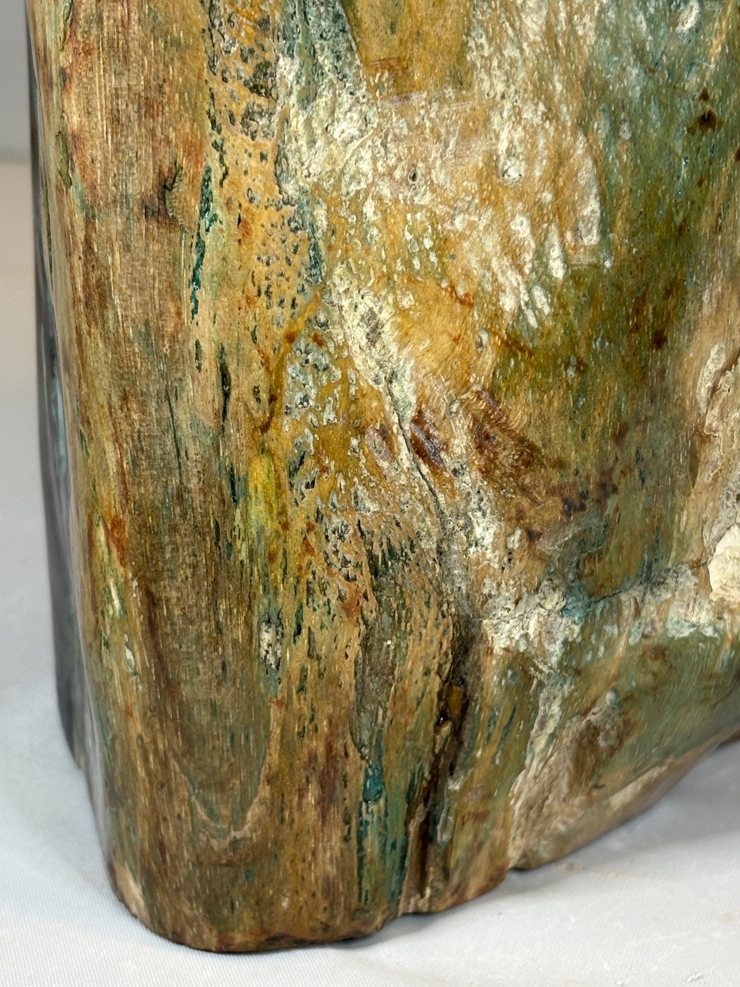 Versteinertes Holz mit Chrysokoll auf allen Seiten hochglanzpoliert, XL (ca. 5,5 Kg) in bester Qualität, Collawood Kupfermineralien Museumsstück Rarität fossiler Baumstamm Garut Java Indonesien