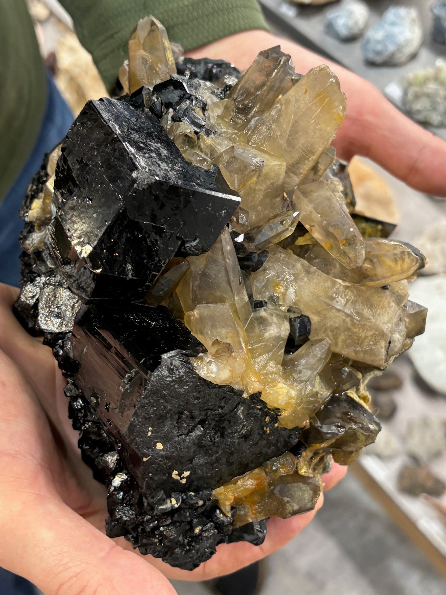Turmalin schwarz, Rauchquarz & Hyalith (UV-aktiv) Kristallstufe XXL (ca. 5,1Kg), beste Qualität Schörl Museum Morion Glasopal