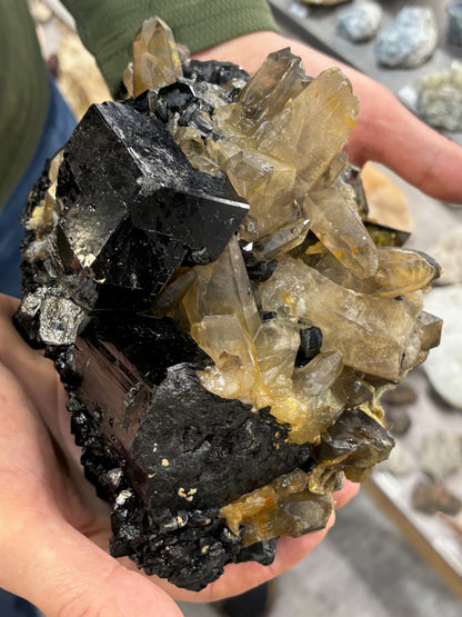 Turmalin schwarz, Rauchquarz & Hyalith (UV-aktiv) Kristallstufe XXL (ca. 5,1Kg), beste Qualität Schörl Museum Morion Glasopal
