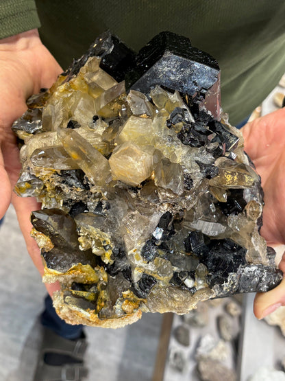 Turmalin schwarz, Rauchquarz & Hyalith (UV-aktiv) Kristallstufe XXL (ca. 5,1Kg), beste Qualität Schörl Museum Morion Glasopal