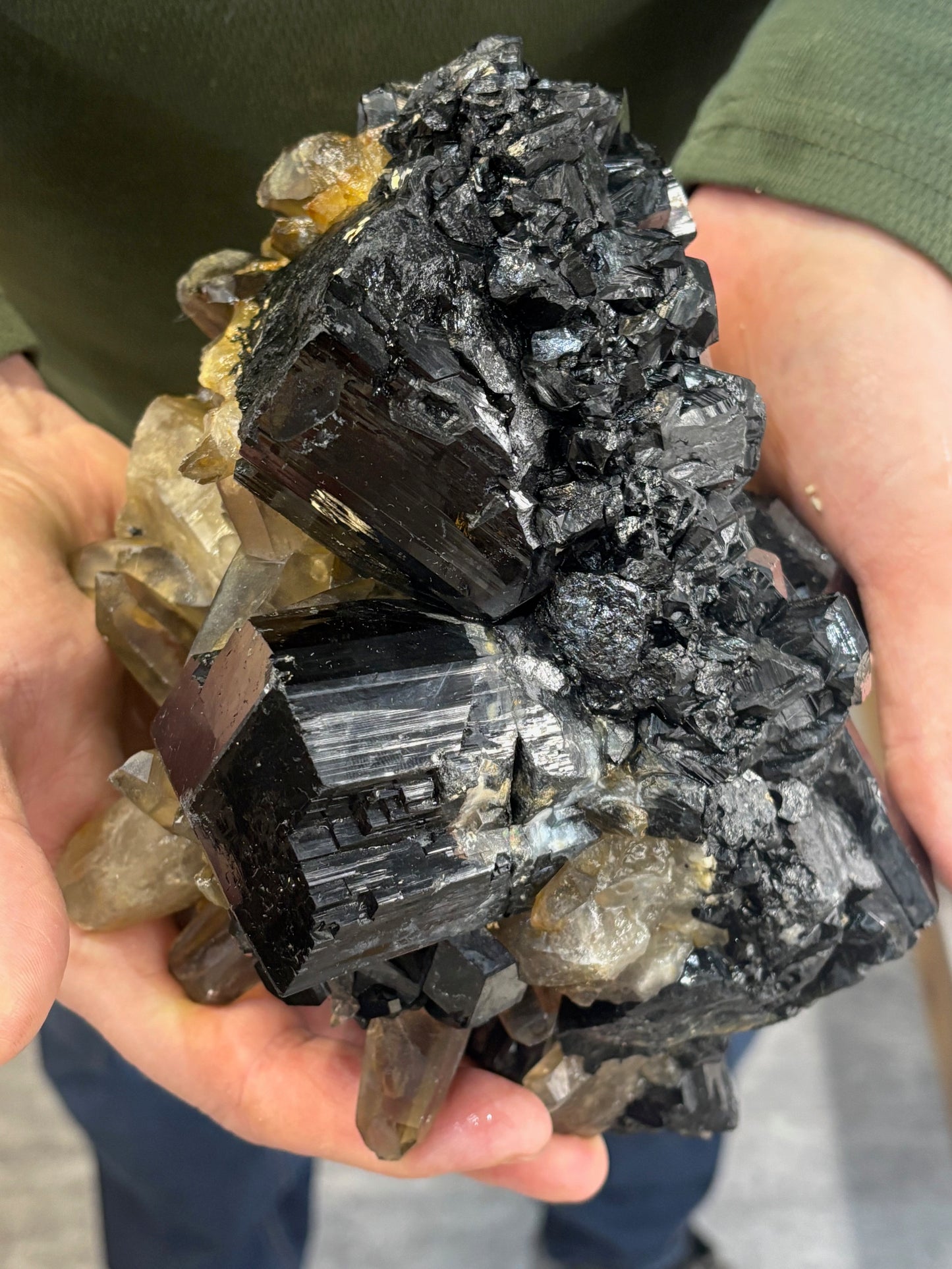 Turmalin schwarz, Rauchquarz & Hyalith (UV-aktiv) Kristallstufe XXL (ca. 5,1Kg), beste Qualität Schörl Museum Morion Glasopal