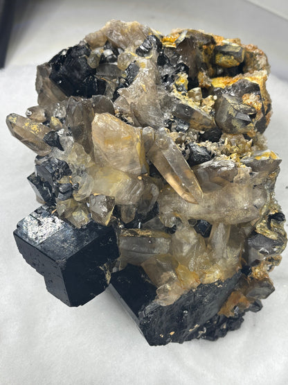Turmalin schwarz, Rauchquarz & Hyalith (UV-aktiv) Kristallstufe XXL (ca. 5,1Kg), beste Qualität Schörl Museum Morion Glasopal
