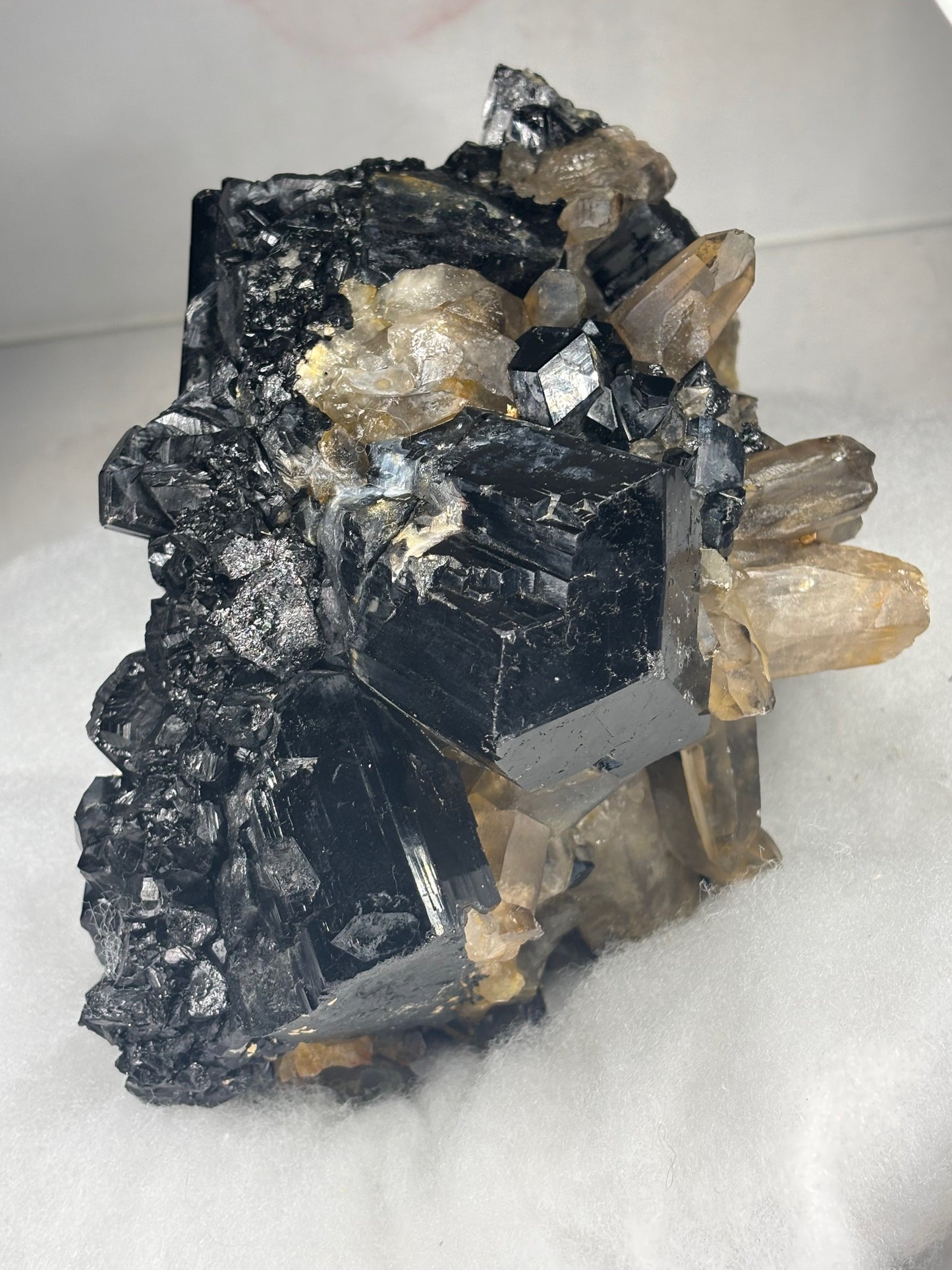 Turmalin schwarz, Rauchquarz & Hyalith (UV-aktiv) Kristallstufe XXL (ca. 5,1Kg), beste Qualität Schörl Museum Morion Glasopal