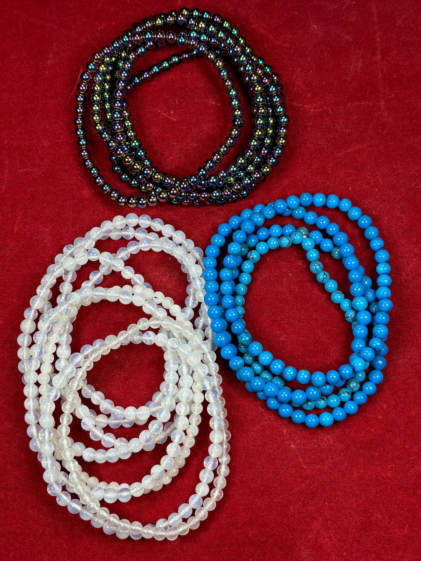 Elastisches Kugelarmband 4mm Perlen, Opalit, Hämatit titanisiert, Türkenit Türkis, Blutstein, Aura Hämatit