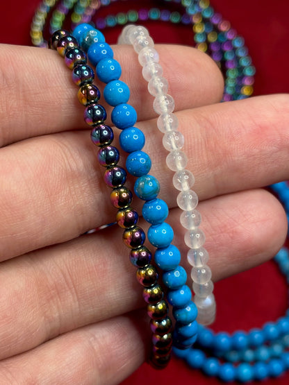 Elastisches Kugelarmband 4mm Perlen, Opalit, Hämatit titanisiert, Türkenit Türkis, Blutstein, Aura Hämatit
