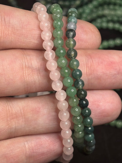 Elastisches Kugelarmband 4mm Perlen, Rosenquarz, Aventurin, Moosachat, Grünquarz