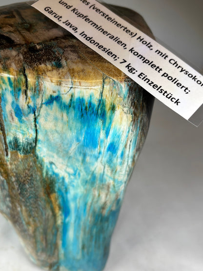 Versteinertes Holz mit Chrysokoll auf allen Seiten hochglanzpoliert, XL (ca. 7 Kg) in bester Qualität, Collawood Kupfermineralien Museumsstück Rarität fossiler Baumstamm Garut Java Indonesien