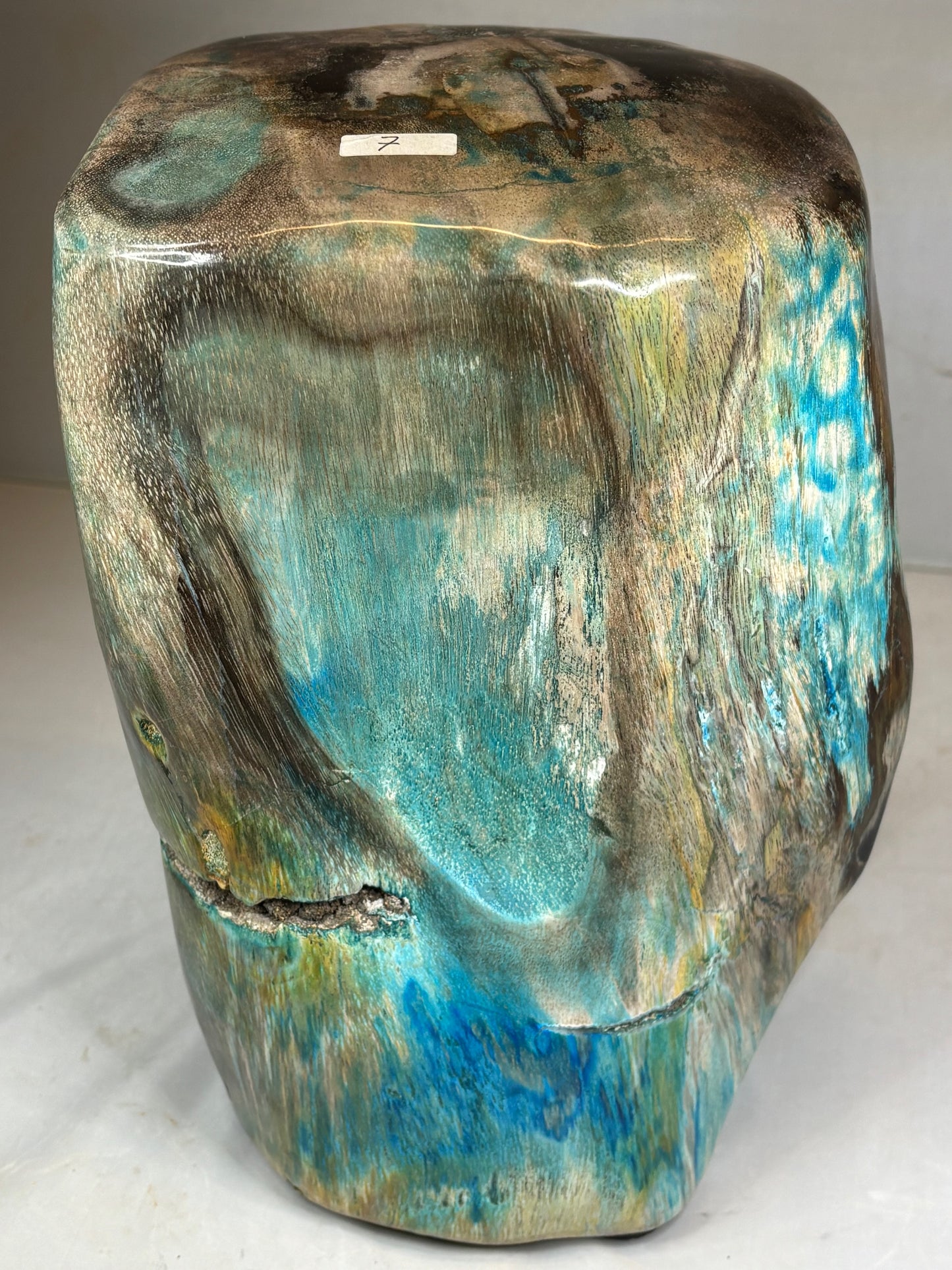 Versteinertes Holz mit Chrysokoll auf allen Seiten hochglanzpoliert, XL (ca. 7 Kg) in bester Qualität, Collawood Kupfermineralien Museumsstück Rarität fossiler Baumstamm Garut Java Indonesien