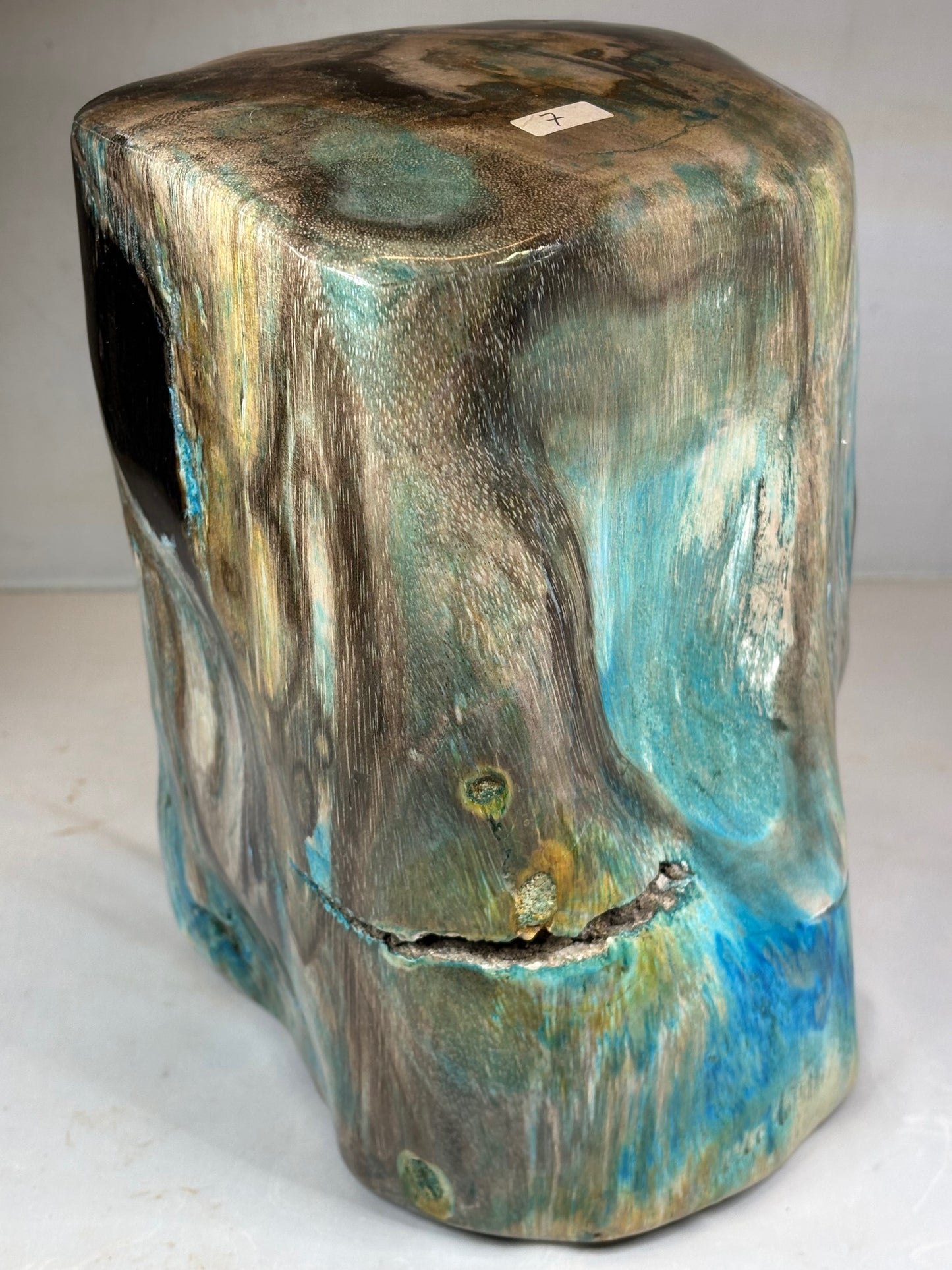 Versteinertes Holz mit Chrysokoll auf allen Seiten hochglanzpoliert, XL (ca. 7 Kg) in bester Qualität, Collawood Kupfermineralien Museumsstück Rarität fossiler Baumstamm Garut Java Indonesien