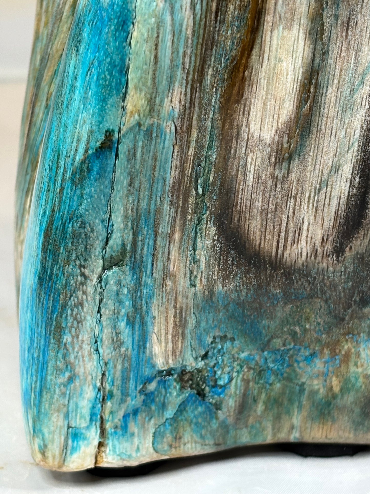 Versteinertes Holz mit Chrysokoll auf allen Seiten hochglanzpoliert, XL (ca. 7 Kg) in bester Qualität, Collawood Kupfermineralien Museumsstück Rarität fossiler Baumstamm Garut Java Indonesien