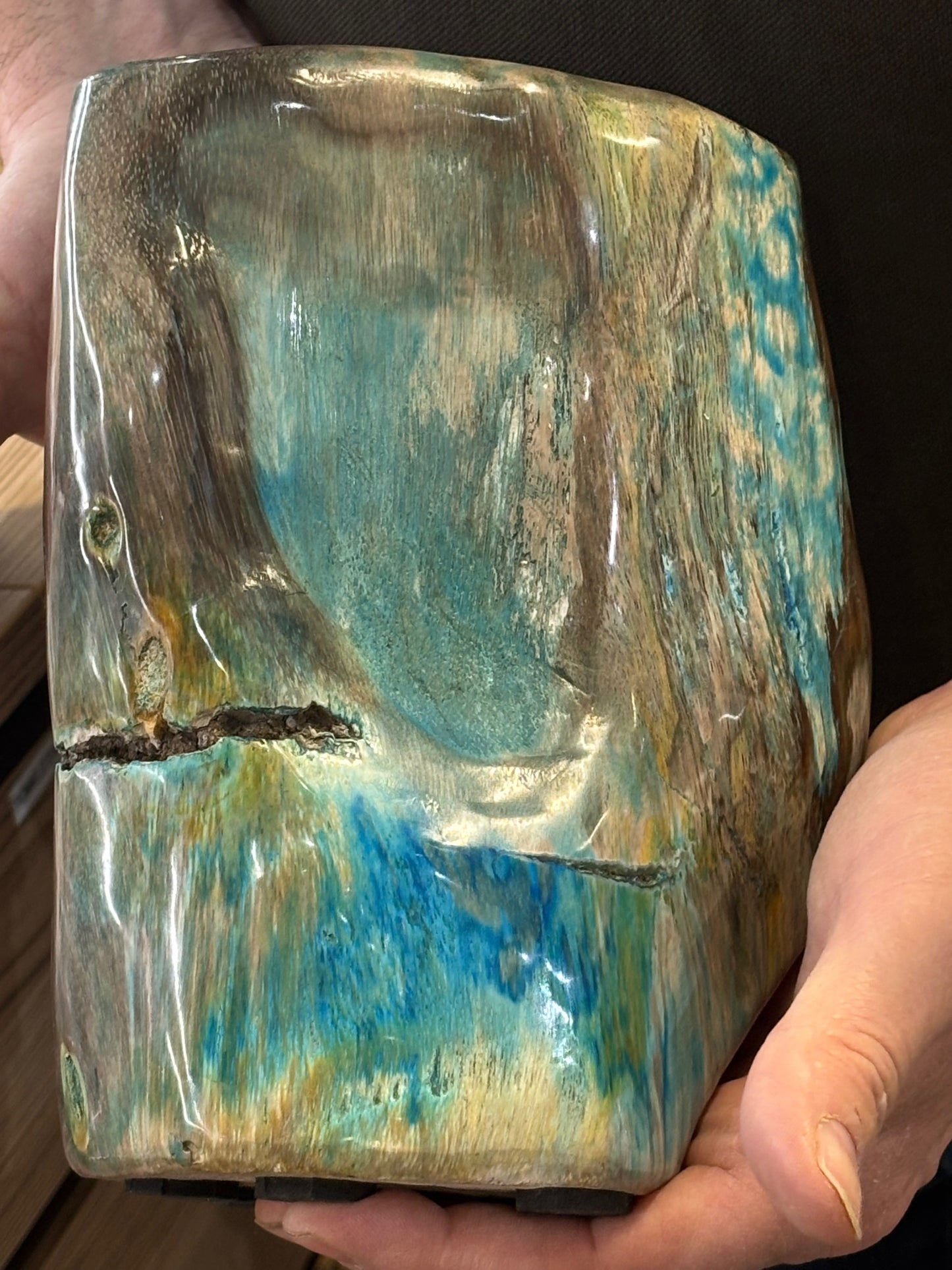 Versteinertes Holz mit Chrysokoll auf allen Seiten hochglanzpoliert, XL (ca. 7 Kg) in bester Qualität, Collawood Kupfermineralien Museumsstück Rarität fossiler Baumstamm Garut Java Indonesien