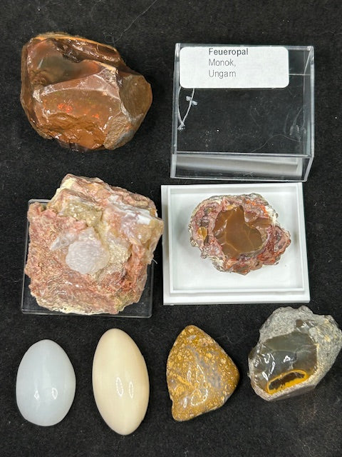 Edelopal Sammlung weltweit, 7 Stück Welo/ Boulder/ Feuer/ Glas Opal Hyalith Schwarzopal