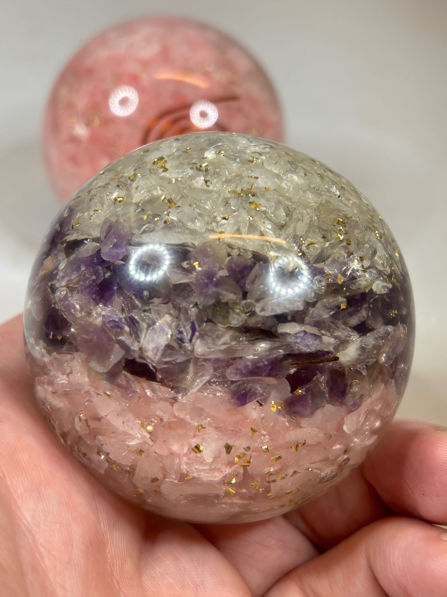 Orgon Kugel, Rosenquarz oder goldenes Dreieck (Amethyst, Bergkristall & Amethyst) Orgonit Wilhelm Reich