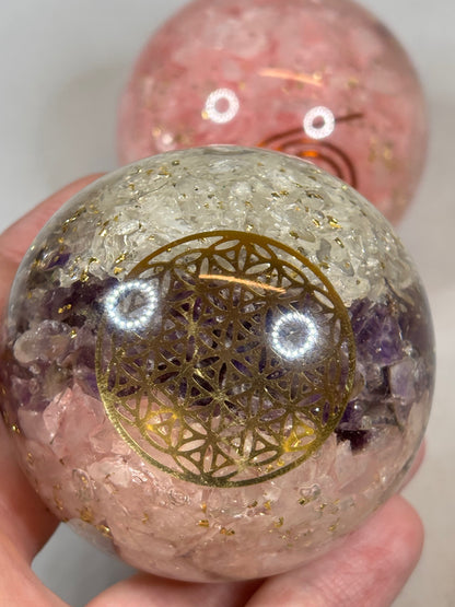 Orgon Kugel, Rosenquarz oder goldenes Dreieck (Amethyst, Bergkristall & Amethyst) Orgonit Wilhelm Reich