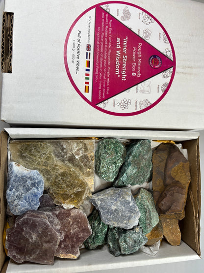 Edelstein Power Box innere Weisheit und Stärke, Set 8 Glimmer grün violett sowie golden, Blauquarz, Tigerauge Lepidolith Fuchsit