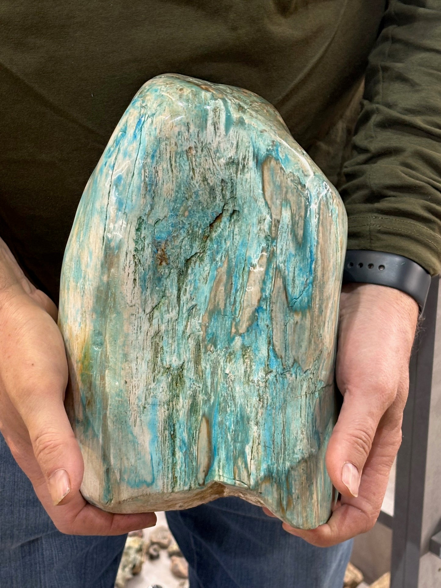 Versteinertes Holz mit Chrysokoll, XL (ca. 8,3 Kg) in bester Qualität, Collawood Kupfermineralien Museumsstück Rarität fossiler Baumstamm Garut Indonesien